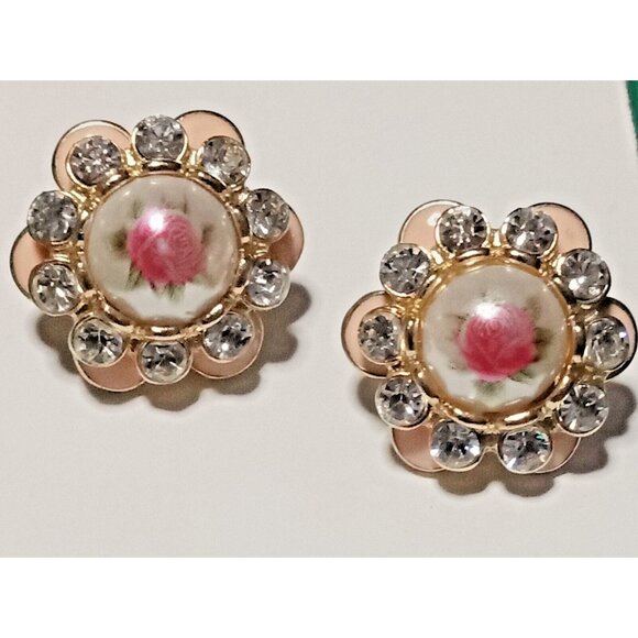 VINTAGE Pink Enamel Rose Stud Earrings Rhinestone Guilloche Limoges Style Flower - Picture 3 of 8